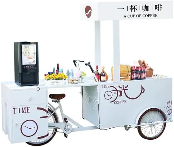 Mobile Ice Cream Bicycle Cart, White Commercial Tricycle Vending Station with Coffee Machine, Display Counter, Storage Compartments for Beverages