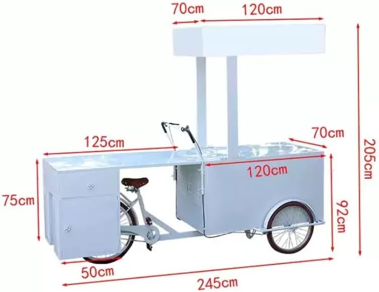 Mobile Ice Cream Bicycle Cart, White Commercial Tricycle Vending Station with Coffee Machine, Display Counter, Storage Compartments for Beverages