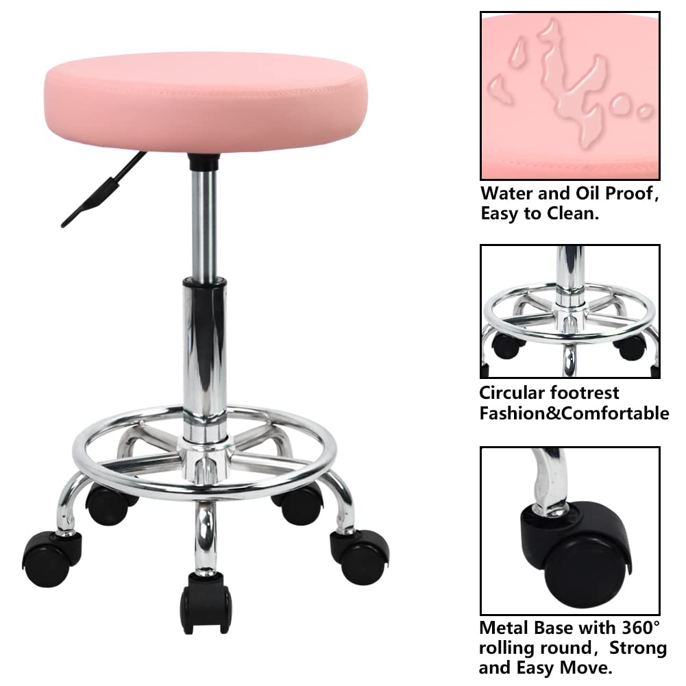 KKTONER PU Leather Round Rolling Stool with Foot Rest Swivel Height Adjustment Spa Drafting Salon Tattoo Work Office Massage Stools Task Chair (Pink)