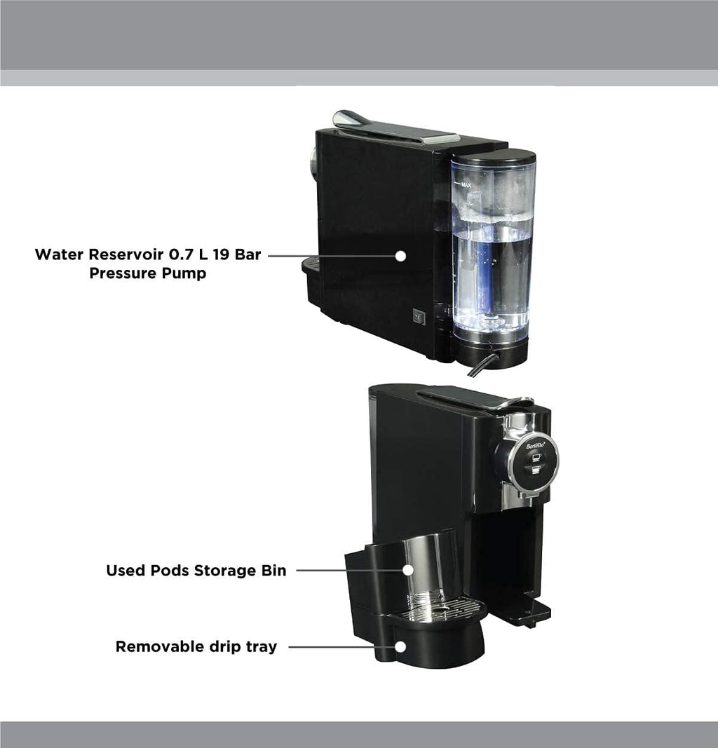 Koolatron Barsetto One-Touch Automatic Espresso Coffee Machine, Black and Stainless Steel with Removeable Drip Tray and Used Pod Storage Compartment are Dishwasher Safe for Effortless Cleanup