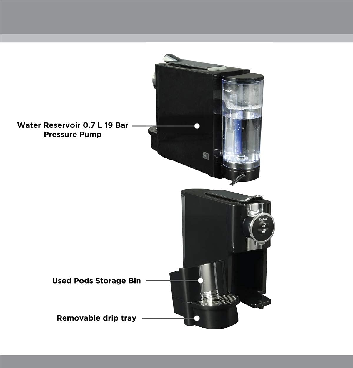 Koolatron Barsetto One-Touch Automatic Espresso Coffee Machine, Black and Stainless Steel with Removeable Drip Tray and Used Pod Storage Compartment are Dishwasher Safe for Effortless Cleanup