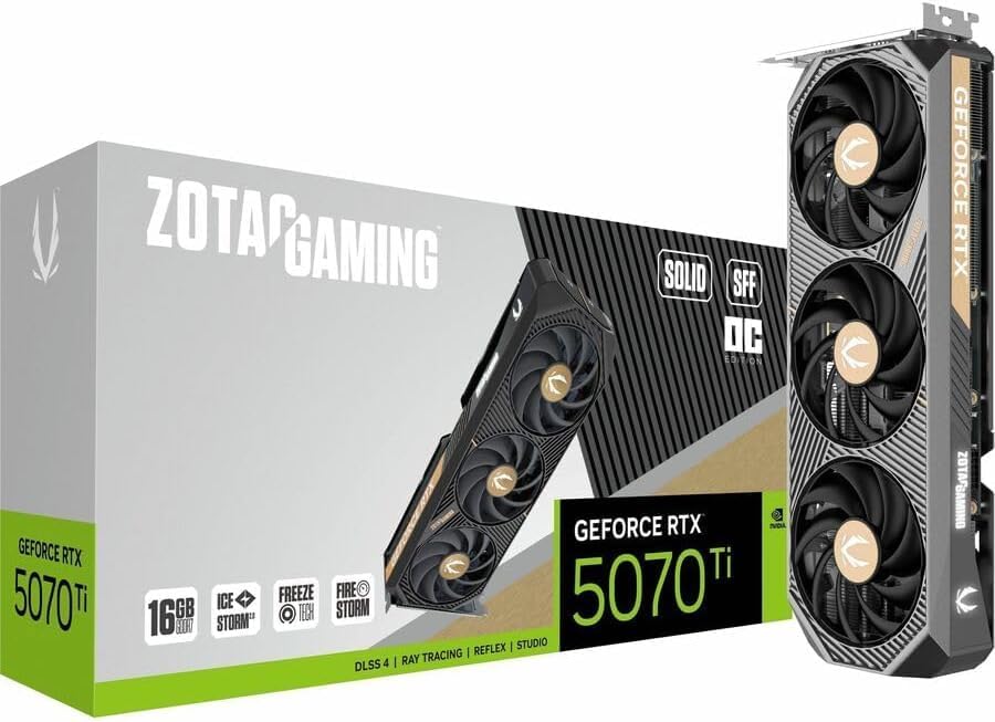 ZOTAC Gaming GeForce RTX 5070 Ti Solid SFF OC DLSS 4 16GB GDDR7 256-bit 28 Gbps PCIE 5.0 Gaming Graphics Card, IceStorm 2.0 Advanced Cooling, ZT-B50710J3-10A