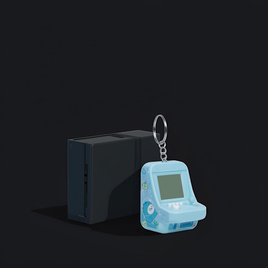 Blue Micro Player Mini Arcade Machine with Keychain, 26 Classic Game Modes Support Music Mini Building Block Game Console，Plug and Play Video Games