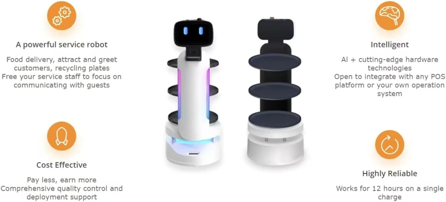 Humanized Delivery Robot with Smart Table Locator System, Shock-Absorbing Structure & Precise Speed, Multi-Table Service Robot for Restaurant Hotel, Auto Charge & Long Working Time