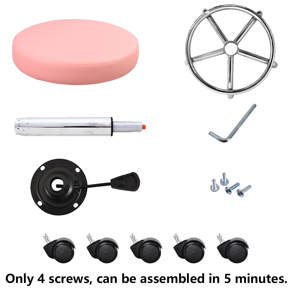 KKTONER PU Leather Round Rolling Stool with Foot Rest Swivel Height Adjustment Spa Drafting Salon Tattoo Work Office Massage Stools Task Chair (Pink)