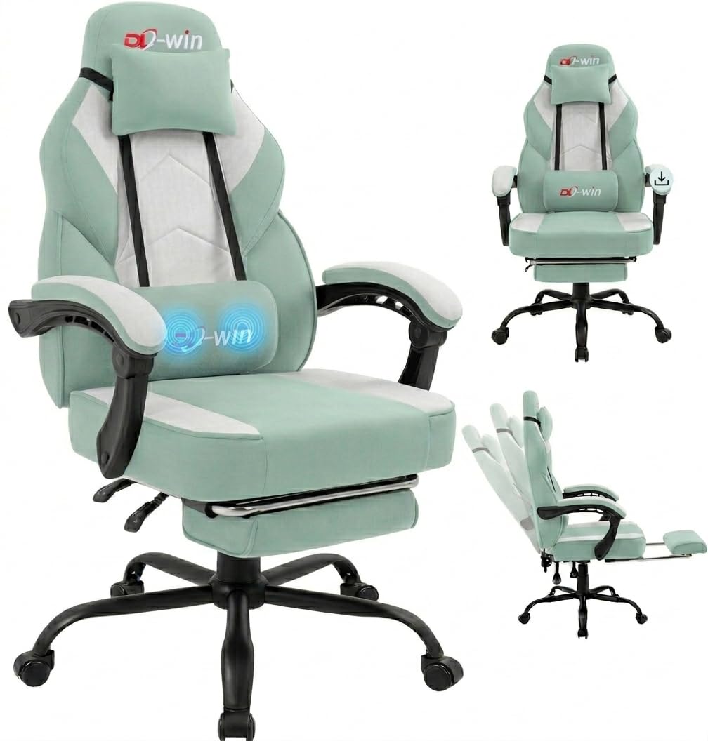 Shintenchi Big and Tall Gaming Chair Fabric Pocket Spring Cushion,High Back Recliner with Footrest and Headrest for Adults, Massage Lumbar Support for Home Office, Ergonomic Computer Desk Chair, Blue