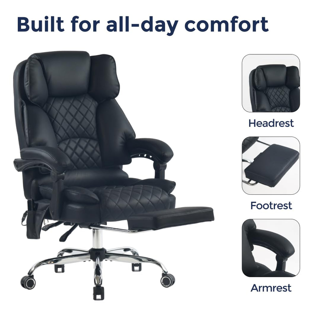 Ergonix Massage Office Chair with 2-Point Kneading & Heat | Reclining Ergonomic Executive Desk Chair | Adjustable Height Footrest Lumbar Support | 500 lbs Capacity | Dark Brown Leather