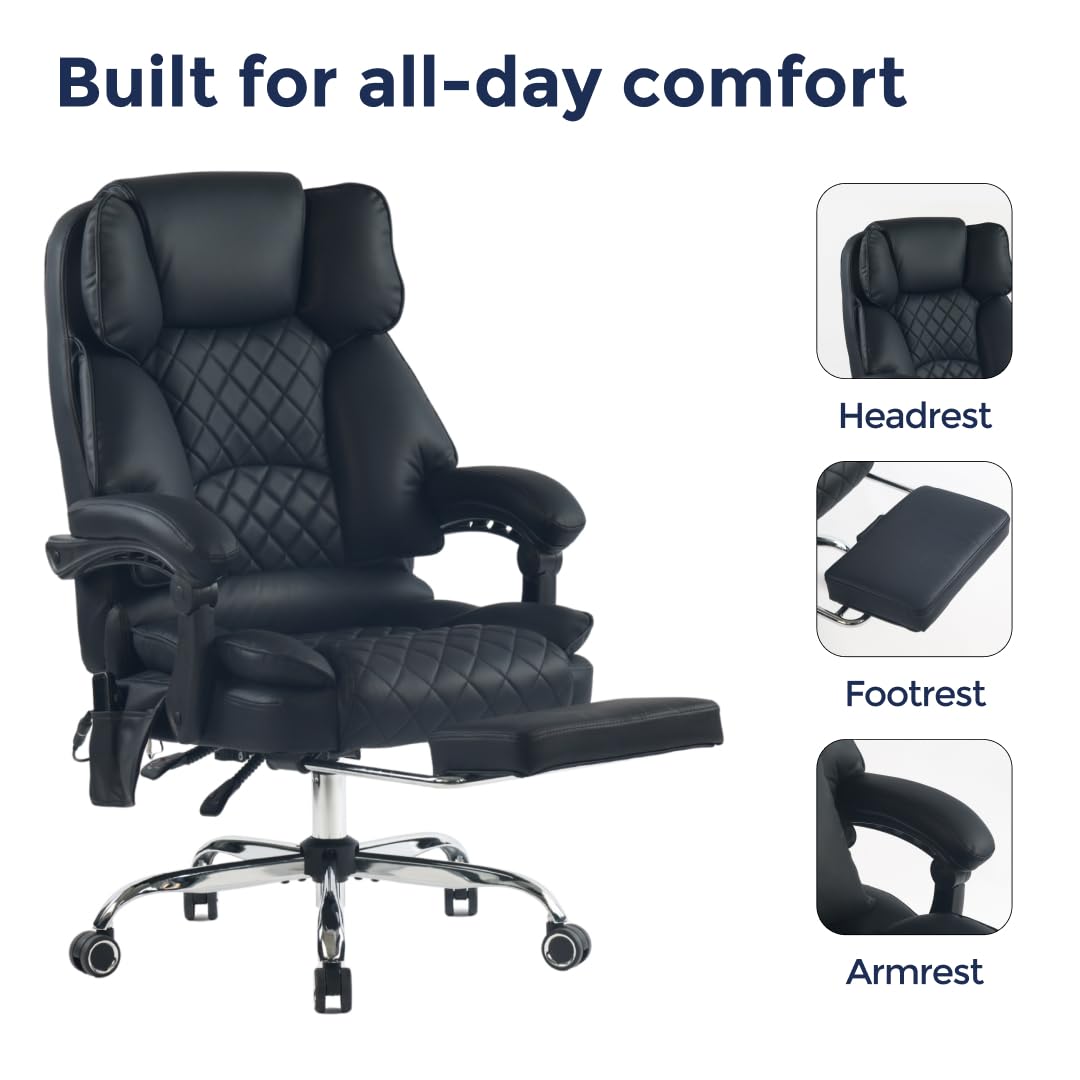 Ergonix Massage Office Chair with 2-Point Kneading & Heat | Reclining Ergonomic Executive Desk Chair | Adjustable Height Footrest Lumbar Support | 500 lbs Capacity | Dark Brown Leather