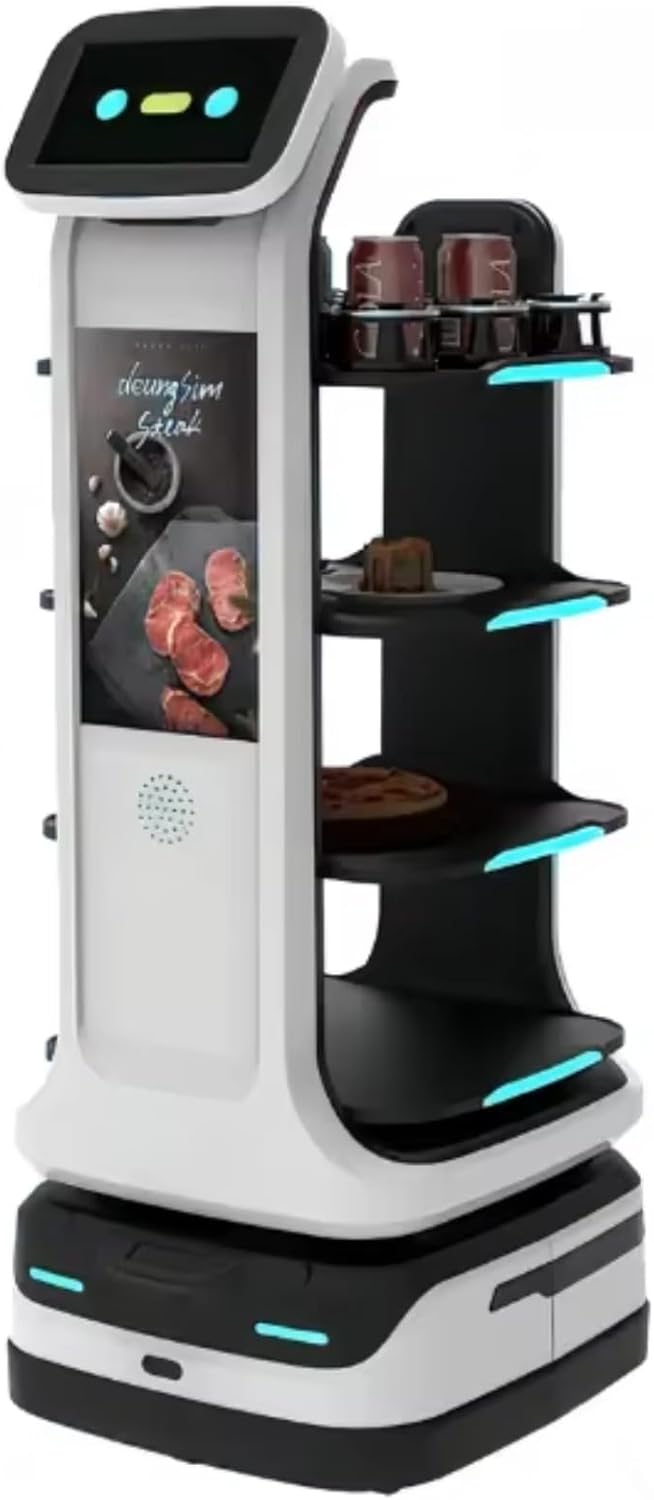 Interactive Smart Waiter Robot for Restaurants – Food & Drink Delivery, Large Tray Capacity, Autonomous Indoor Navigation, Automatic Obstacle Avoidance, Self-Charging, Contactless Meal Serving