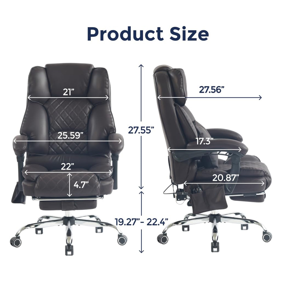 Ergonix Massage Office Chair with 2-Point Kneading & Heat | Reclining Ergonomic Executive Desk Chair | Adjustable Height Footrest Lumbar Support | 500 lbs Capacity | Dark Brown Leather