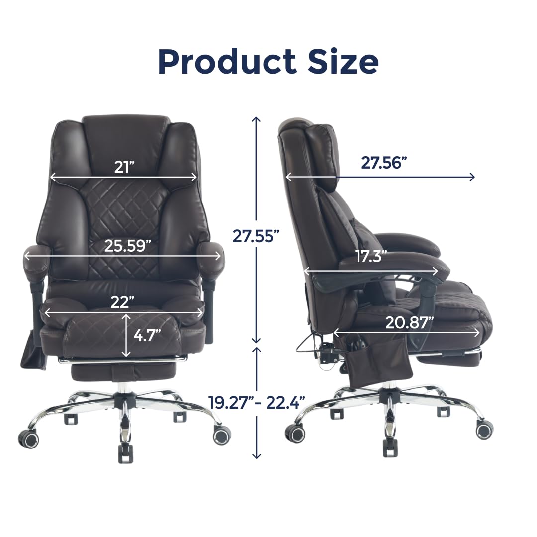 Ergonix Massage Office Chair with 2-Point Kneading & Heat | Reclining Ergonomic Executive Desk Chair | Adjustable Height Footrest Lumbar Support | 500 lbs Capacity | Dark Brown Leather