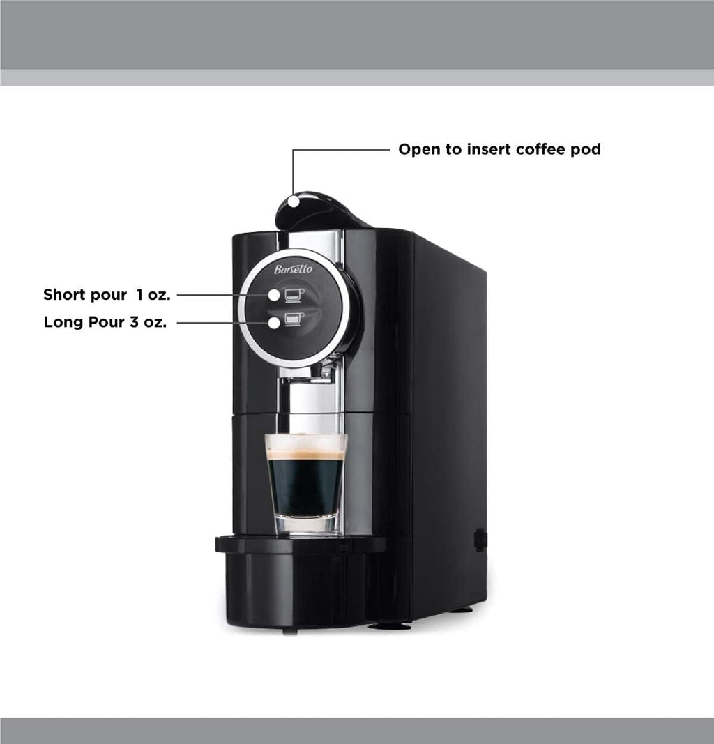 Koolatron Barsetto One-Touch Automatic Espresso Coffee Machine, Black and Stainless Steel with Removeable Drip Tray and Used Pod Storage Compartment are Dishwasher Safe for Effortless Cleanup
