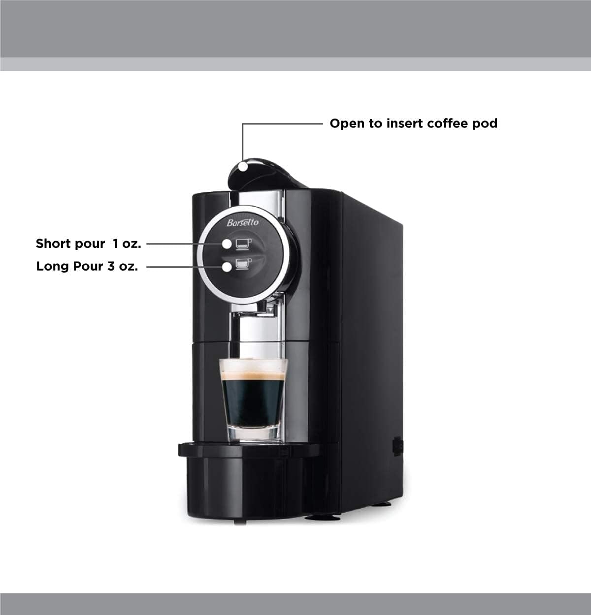 Koolatron Barsetto One-Touch Automatic Espresso Coffee Machine, Black and Stainless Steel with Removeable Drip Tray and Used Pod Storage Compartment are Dishwasher Safe for Effortless Cleanup