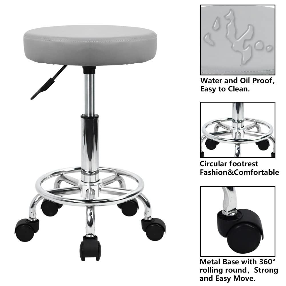 KKTONER PU Leather Round Rolling Stool with Foot Rest Swivel Height Adjustment Spa Drafting Salon Tattoo Work Office Massage Stools Task Chair (Pink)
