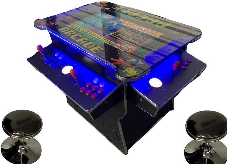 Top Us Video Arcades Full Size Commercial Grade Cocktail Arcade Machine 4500 Games Lift Up / Tilt Screen Monster 32 inch Screen Tempered Glass 2 Stools Included 5 Year Warranty Black Chrome
