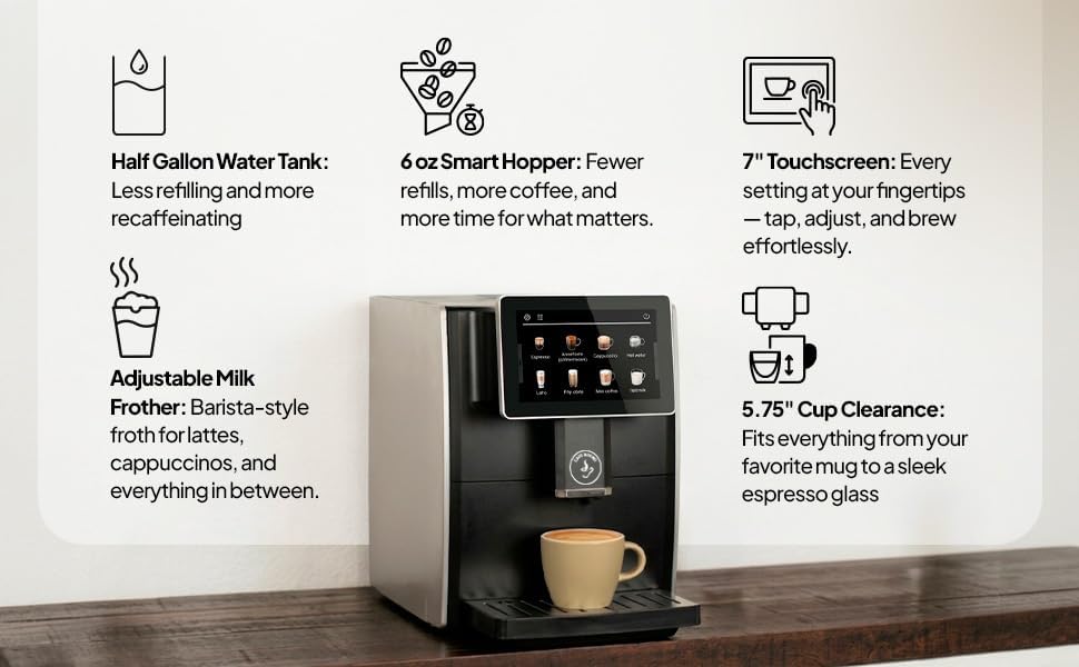 Cafe Bueno Super Automatic Espresso Machine For Home - Coffee Machine With Grinder & Milk Frother For Latte, Cappuccino, Macchiato - Auto Wake & Sleep – All Milk Types