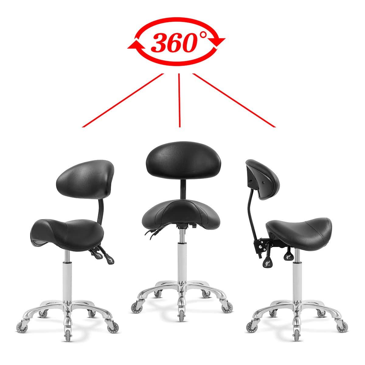 Antlu Saddle Stool Chair for Massage Clinic Spa Salon Cutting, Saddle Rolling Stool with Wheels Adjustable Height (Black)
