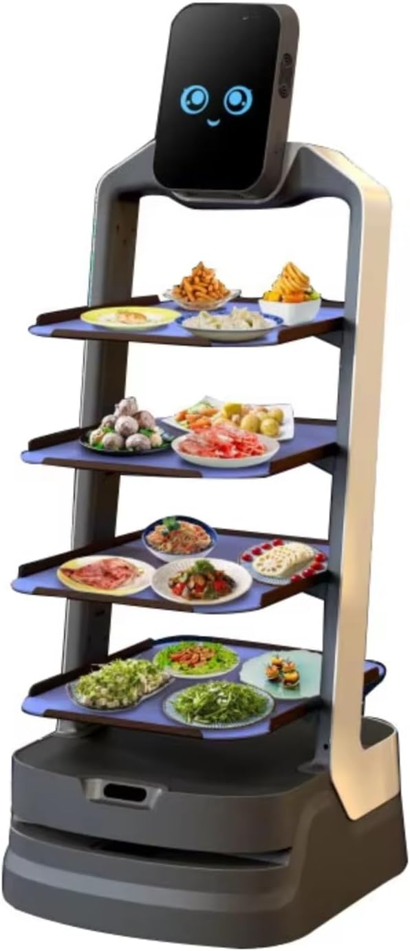 Restaurant Service Robot–Interactive Smart Waiter for Food & Drink Delivery, Autonomous Indoor Navigation, Automatic Obstacle Avoidance, Elevator Control, Self-Charging, Large Tray