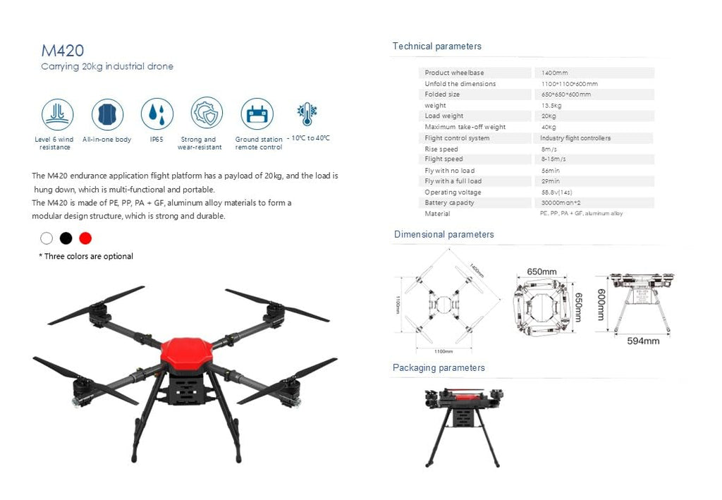 Heavy Lift Drone up to 200 lb, up to 5 mile Range UAV, Waterproof, Delivery Quadcopter (20 kg) 44 lb
