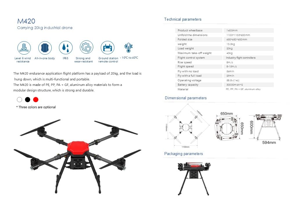 Heavy Lift Drone up to 200 lb, up to 5 mile Range UAV, Waterproof, Delivery Quadcopter (20 kg) 44 lb