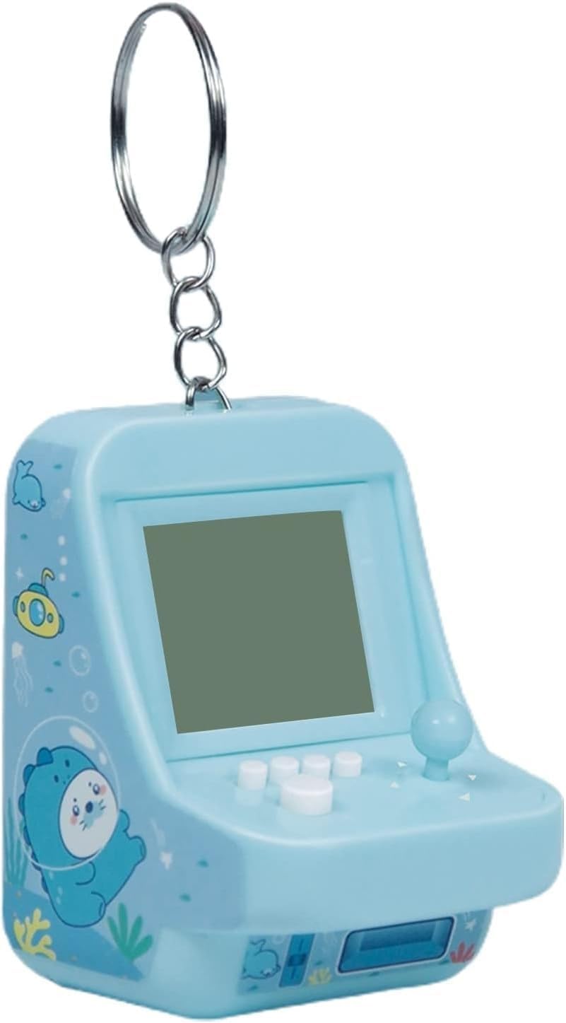 Blue Micro Player Mini Arcade Machine with Keychain, 26 Classic Game Modes Support Music Mini Building Block Game Console，Plug and Play Video Games