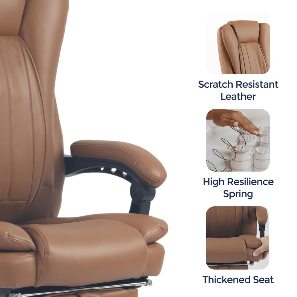 Orbis 4-Point Kneading Heated Massage Office Chair with Foot Rest | 500lbs Big & Tall Ergonomic Executive Desk Chair for Heavy People | Reclining Home Office Computer Chair | Leather Caramel