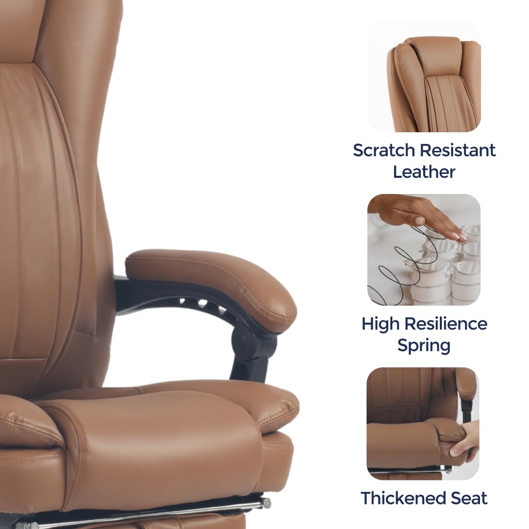 Orbis 4-Point Kneading Heated Massage Office Chair with Foot Rest | 500lbs Big & Tall Ergonomic Executive Desk Chair for Heavy People | Reclining Home Office Computer Chair | Leather Caramel