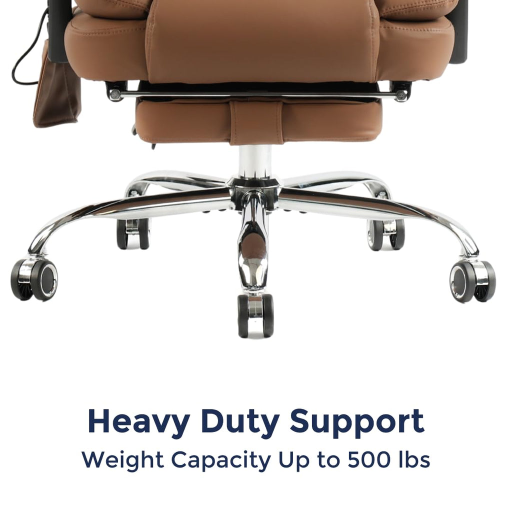 Orbis 4-Point Kneading Heated Massage Office Chair with Foot Rest | 500lbs Big & Tall Ergonomic Executive Desk Chair for Heavy People | Reclining Home Office Computer Chair | Leather Caramel