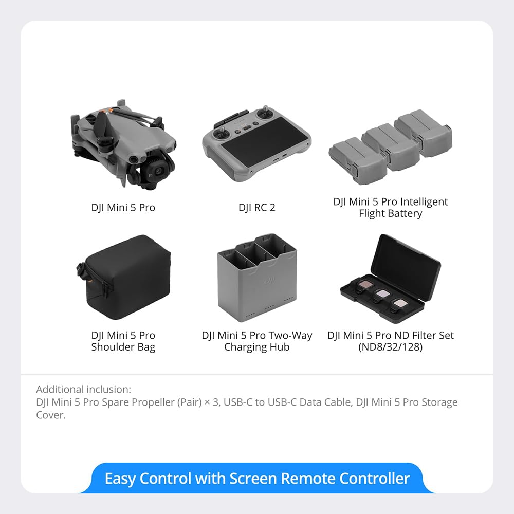 DJI Mini 5 Pro Drone Fly More Combo (RC 2) 1" CMOS Sensor, 4K Video, Obstacle Sensing, 4 Battery Bundle with Deco Essentials CPS Exclusive 26 Month Protection Pack, Software & Accessory Kit
