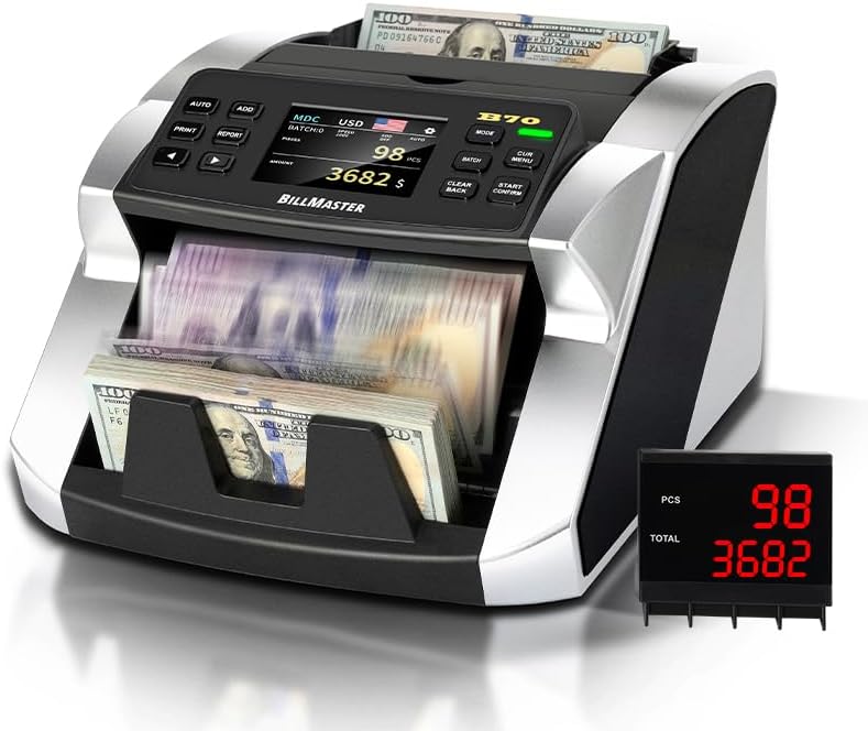 BillMaster B70 Mixed Denomination Money Counter Machine–Bank Grade Tech Contact Image Sensor CIS/UV/MG/IR/DD Fake Detector–Touch Screen–Printer Compatible–Cash Counter for Business–US Service Team