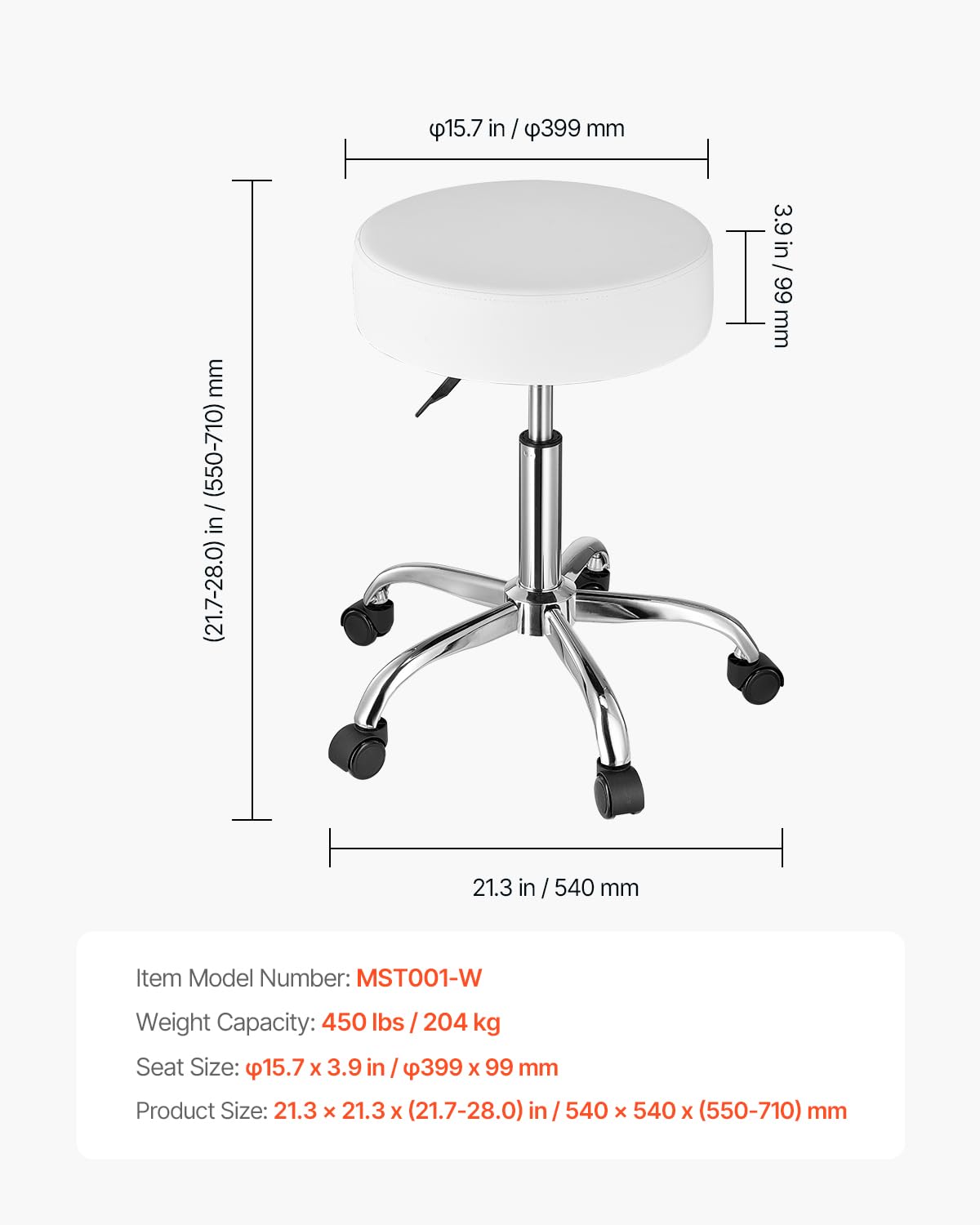 VEVOR Rolling Stools with Wheels, 400 LBS Weight Capacity Adjustable Height Stool with Ultra-Thick Seat Cushion, Swivel Stools Chair for Salon, Bar, Home, Office, Tatoo, Medical, Massage, Black