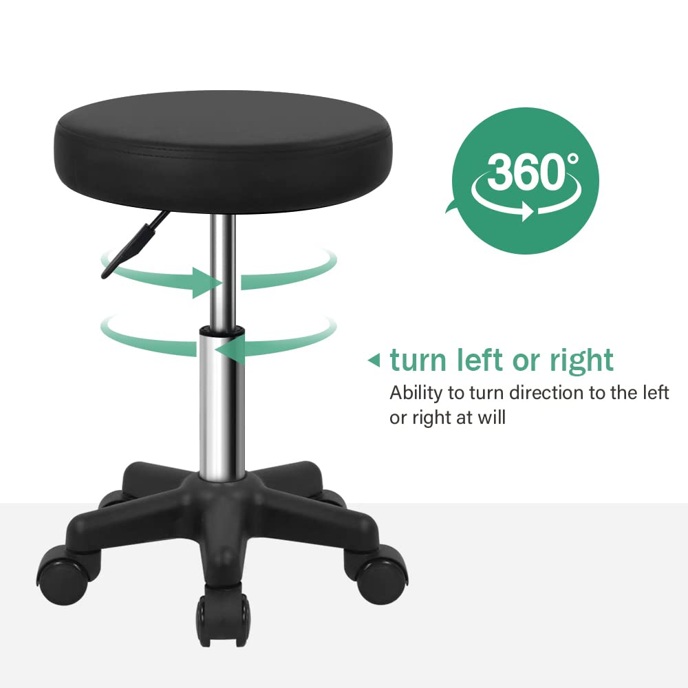 FURWOO Round Rolling Stool Height Adjustable Stool with Wheels for Spa Salon Massage Black