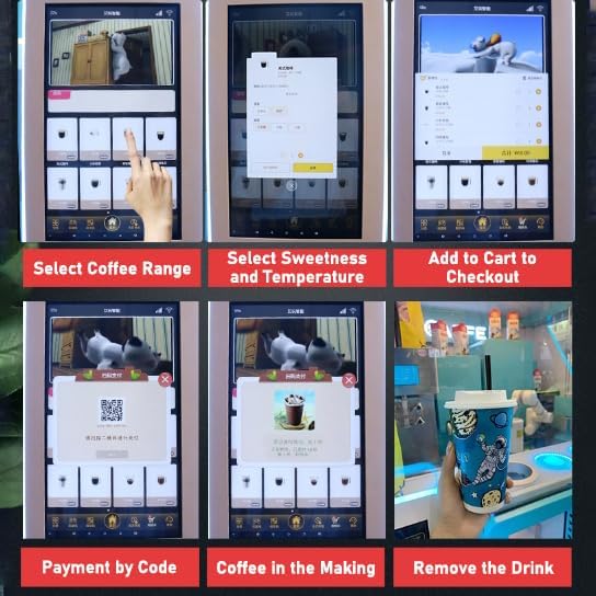 Fully Automatic Coffee, Milk Tea and Ice Cream Vending Machine, Espresso Maker with Grinder, Hot Cold Beverage Options, 6-Flavors, Cup Drop System, Smart App Control, Self-Cleaning, Online Payment