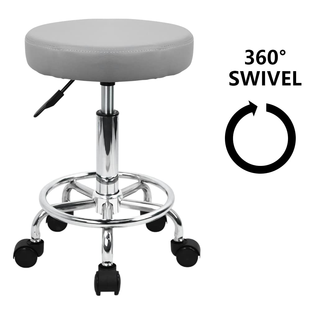 KKTONER PU Leather Round Rolling Stool with Foot Rest Swivel Height Adjustment Spa Drafting Salon Tattoo Work Office Massage Stools Task Chair (Pink)