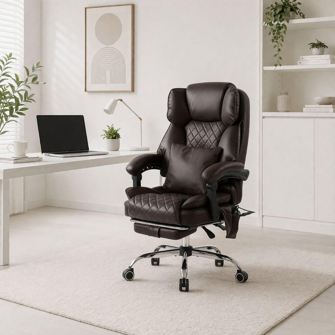 Ergonix Massage Office Chair with 2-Point Kneading & Heat | Reclining Ergonomic Executive Desk Chair | Adjustable Height Footrest Lumbar Support | 500 lbs Capacity | Dark Brown Leather