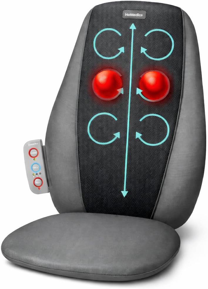 Homedics Shiatsu Back Massage Cushion with Heat, Pain Relief for Back Muscle Tension, Deep-Kneading Therapy Works Out Knots & Stiffness, 3 Massage Zones, Fits Most Chairs, for Home or Office