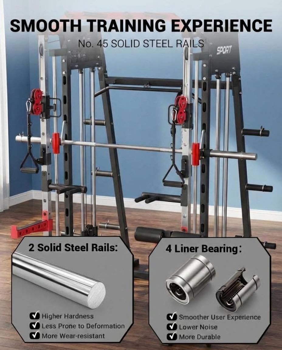 Smith Machine Home Gym, 2200LB Power Cage with Dual Pulley Cable Systems, LAT Pull-Down, Leg Hold-Down & 20+ Attachments for Full Body Workouts