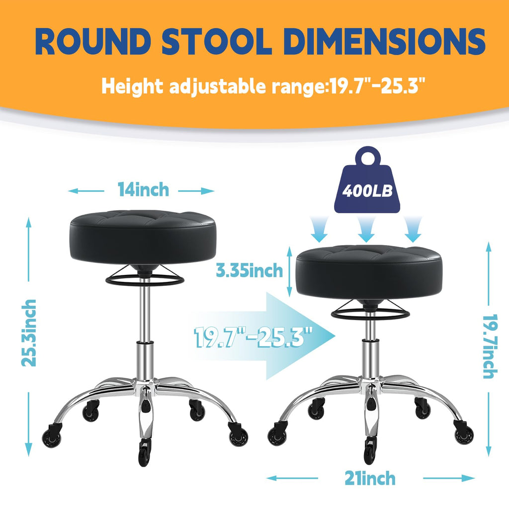 Rolling Stool Heavy Duty 400lb: Super Soft Seat Cushion,360° Swive,Height Adjustability,No Squeaky Noises,No Tip Over, New Upgraded Salon stool Chair, for Tattoo Facial Massage Spa Medical (Black)