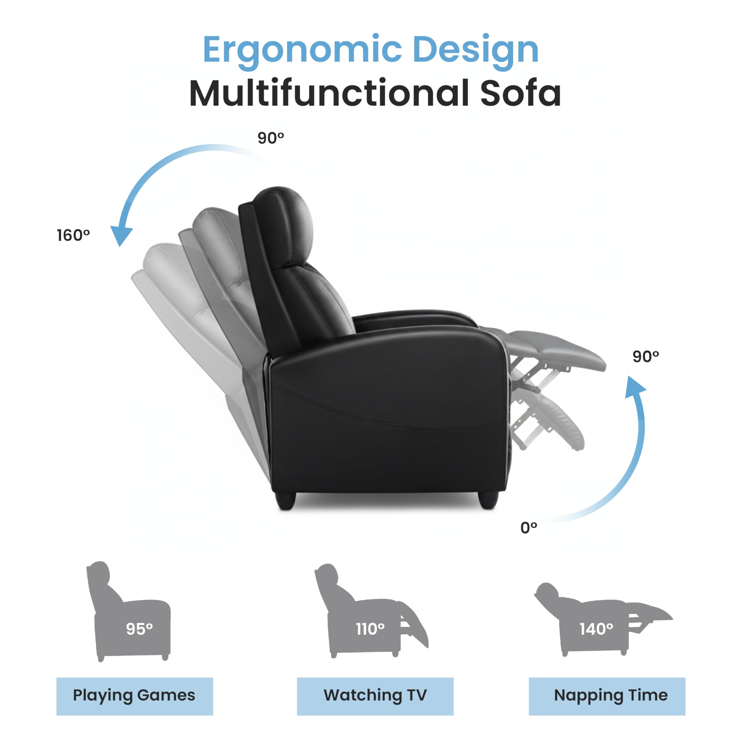 Simple Deluxe Massage Recliner Chair - Adjustable PU Leather Recliner, Luxe Reading Chair & Sofa Chair for Living Room Chairs or Bedroom Chair, Small Recliner for Home Theater, Black