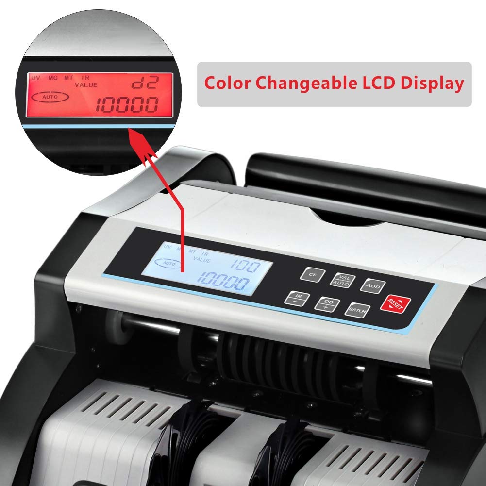 Money Counter Machine Count Value,UV/MG/MT/IR Counterfeit Detection Bill Counter,US Dollar only Cash Counter, Add+Value/Batch+Value Modes,Money Counting Machine with LCD Display (Black+Grey)