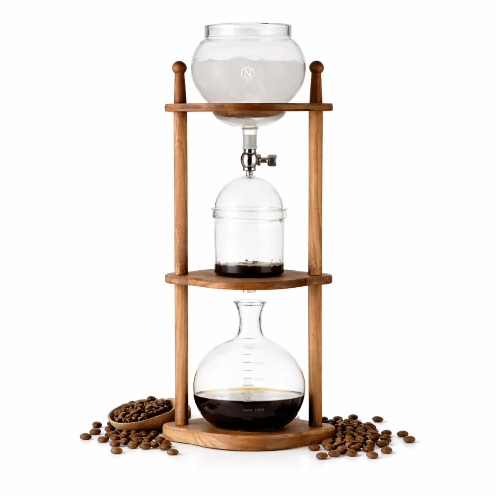Nispira Cold Brew Drip Tower Iced Coffee Maker Glass Wooden Stand 25 Cups