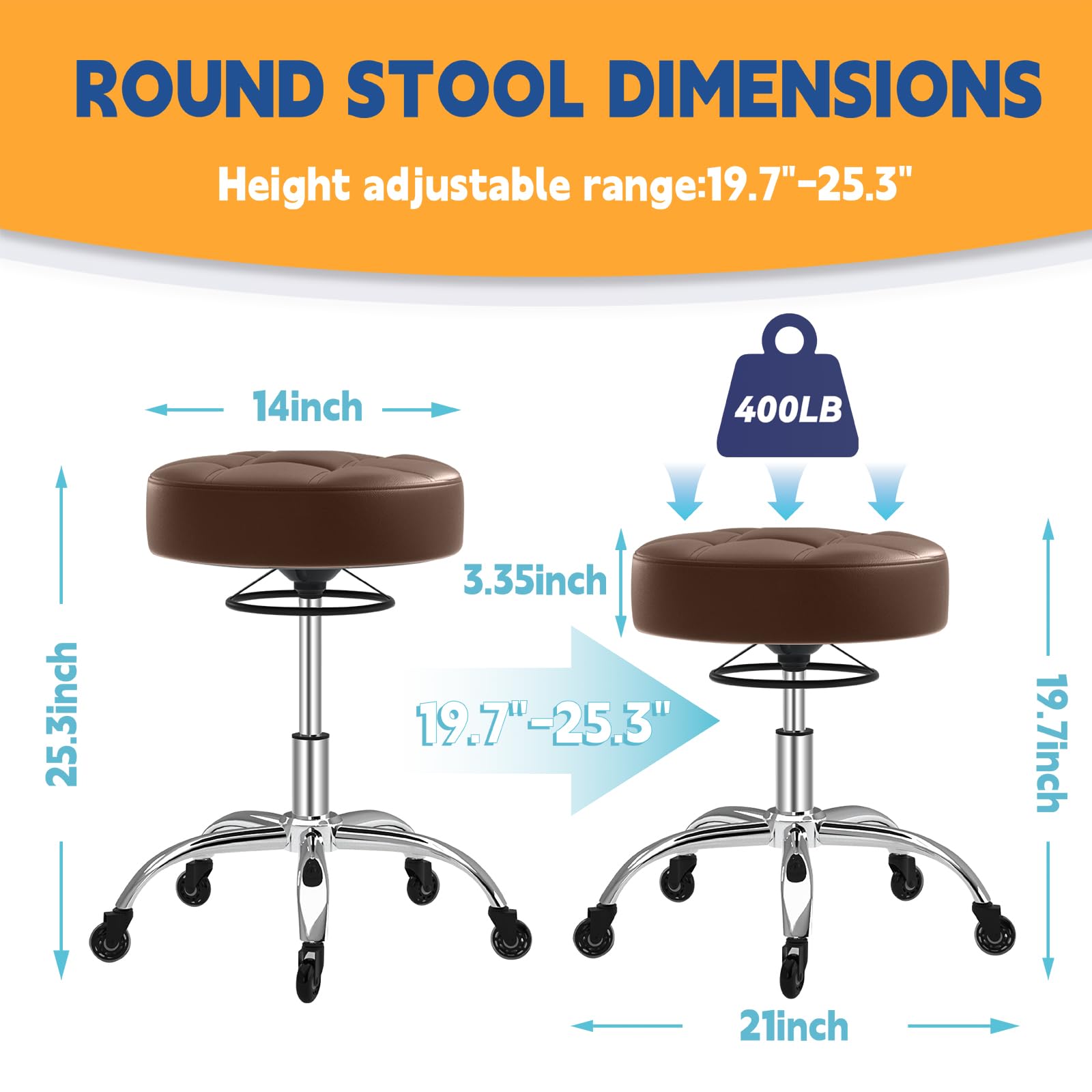 Rolling Stool Heavy Duty 400lb: Super Soft Seat Cushion,360° Swive,Height Adjustability,No Squeaky Noises,No Tip Over, New Upgraded Salon stool Chair, for Tattoo Facial Massage Spa Medical (Black)