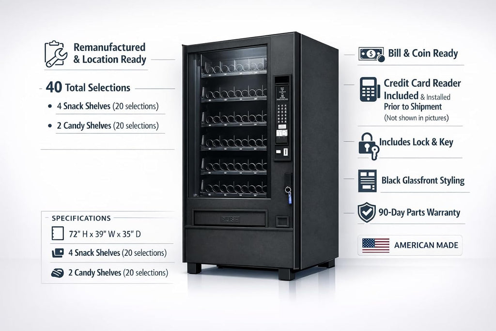Commercial Snack Vending Machine – Credit Card Reader Included, No Monthly Software Fees, Remanufactured & Tested, 40 Selections, Bill & Coin, Indoor Use