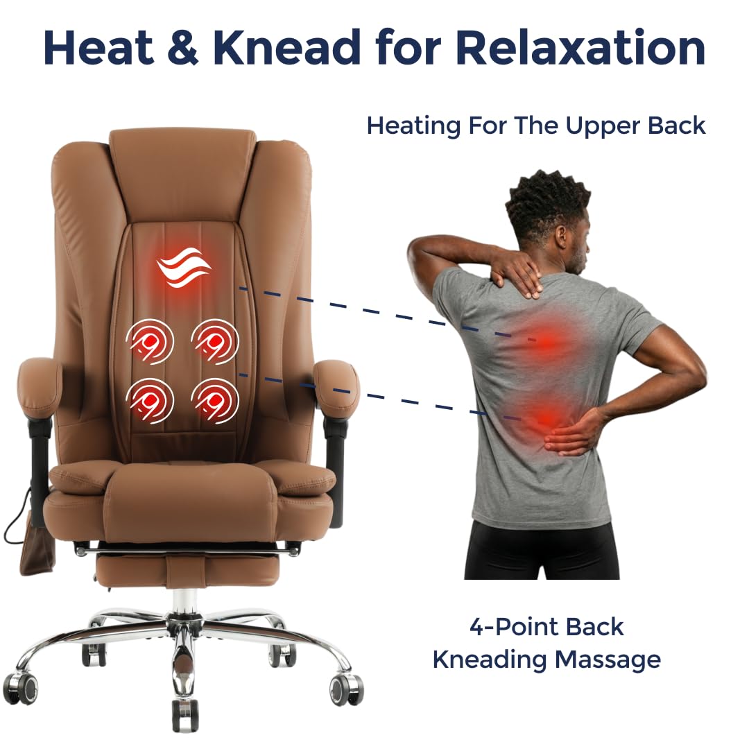 Orbis 4-Point Kneading Heated Massage Office Chair with Foot Rest | 500lbs Big & Tall Ergonomic Executive Desk Chair for Heavy People | Reclining Home Office Computer Chair | Leather Caramel