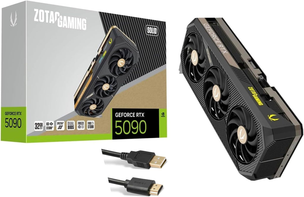 ZOTAC Gaming GeForce RTX 5090 Solid 32 GB GDDR7 GPU-IceStorm 3.0 Advanced Cooling, 34% Larger Vapor Chamber, BladeLink Fans, Reinforced Metal Mid-Frame, Dual BIOS, Bundle with HDMI