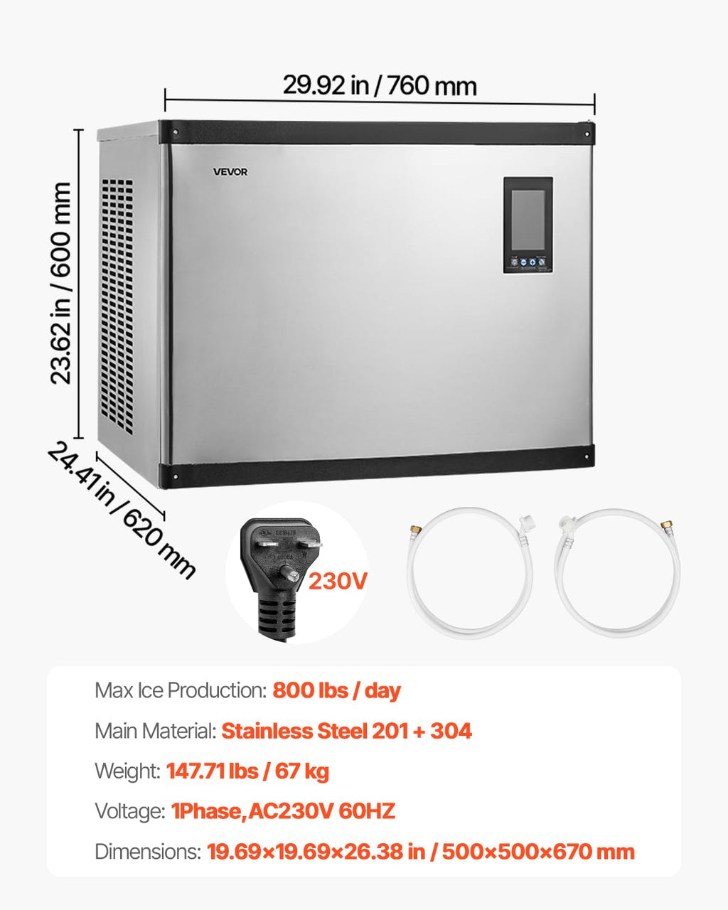 VEVOR Commercial Ice Maker Machine - Head, 300 Lbs/Day Stainless Steel Ice Machine with Scheduled Ice-Making, Self-Cleaning, Adjustable Thickness, Ideal for Restaurant Bar Cafe Hotel - Head Only