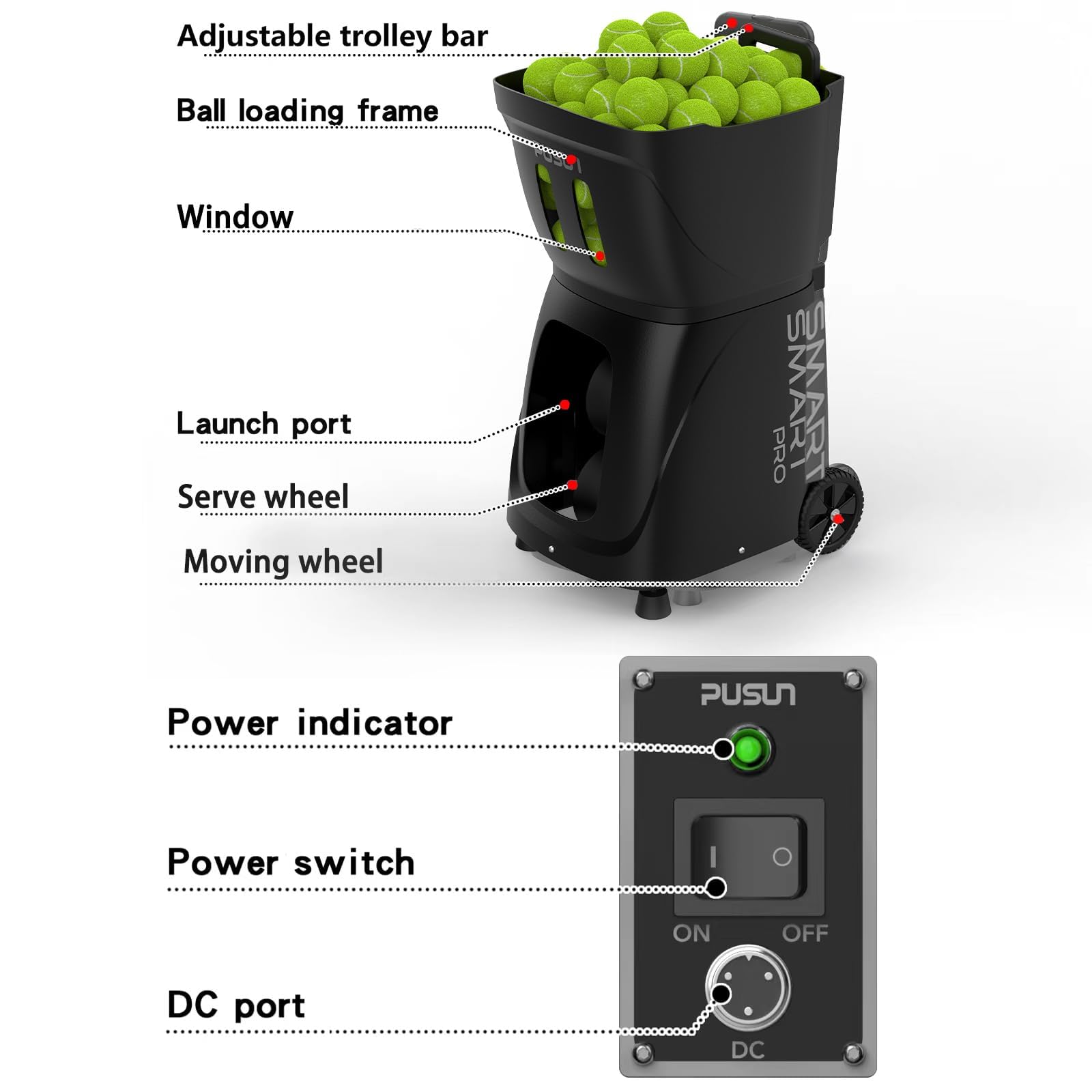 Smart Tennis Ball Machine PT-SMART PRO - 100+ Ball Capacity, Full APP Control, Internal Spin Serve, Ideal for Training & Matches