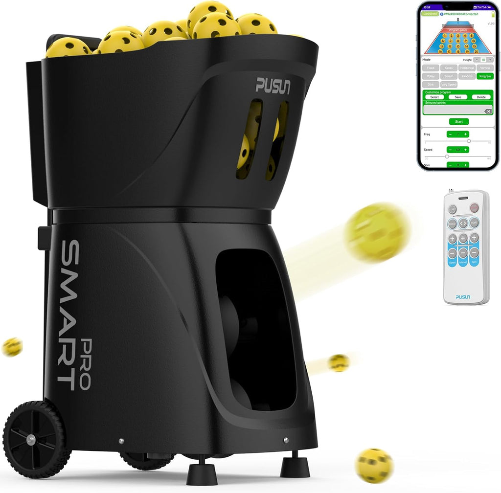PP SMART PRO Pickleball Machine, Professional Automatic Ball Launcher with App & Remote Control, 80+ Ball Capacity, Adjustable Speed/Spin/Frequency, Portable for All Skill Levels (Black)