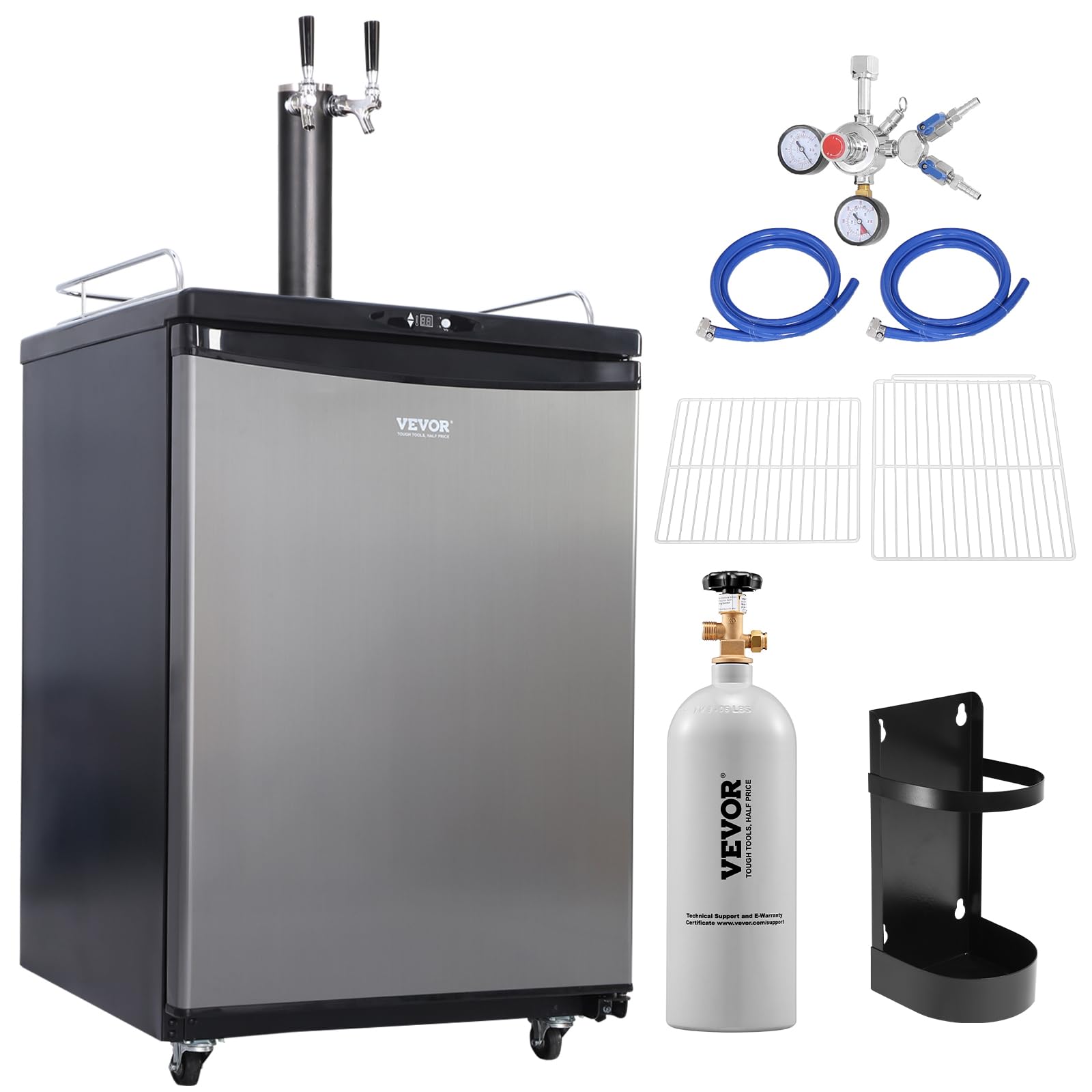 VEVOR Beer Kegerator, Dual Tap Commercial Draft Beer Dispenser for D system, Full Size Keg Refrigerator with 5lbs CO2 Tank, Hold 2 Sixth / 2 Ball lock keg, Black