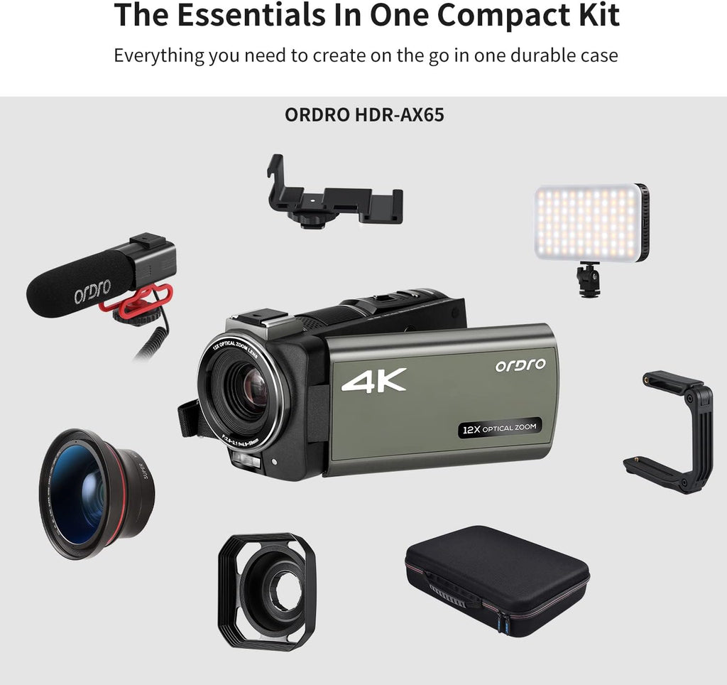 ORDRO 4K Camcorder UHD Video Camera Digital 1080P with 12x Optical Zoom Live Streaming Camera Recorder Bundle